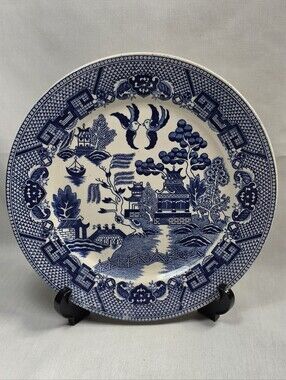 VTG Blue Willow Dinner Plate Japan Blue & White Chinoiserie Floral Transferware
